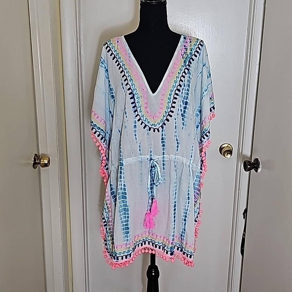 KaftanTie Dye Pink Blue & White  Cinched waist with tassel tie M/ L